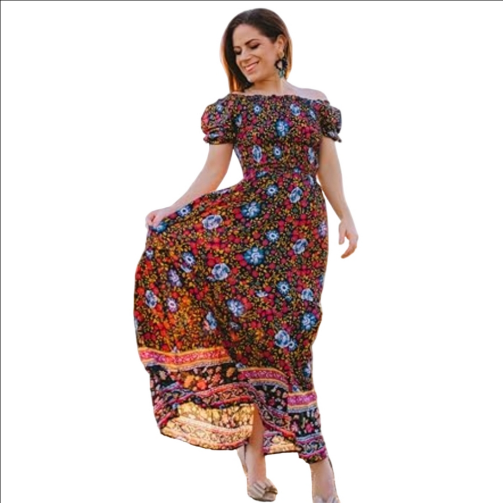 Zesica Women's Summer Floral Print Square Neck Ruffle Swing Beach Long Maxi Dres